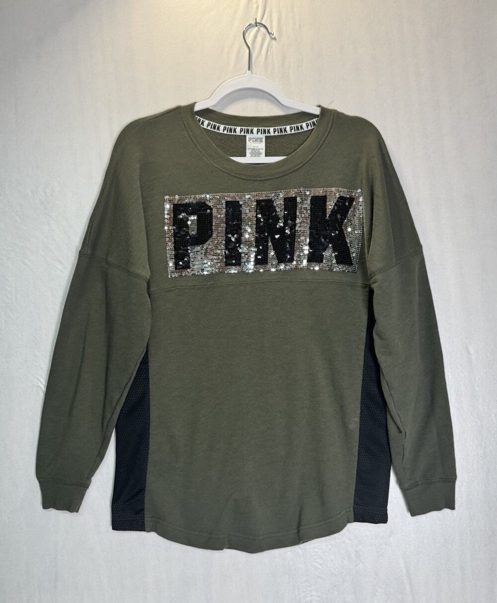 PINK Victoria’s Secret Sequin Logo Varsity Top Y2K Oversized Green Long Sleeve S